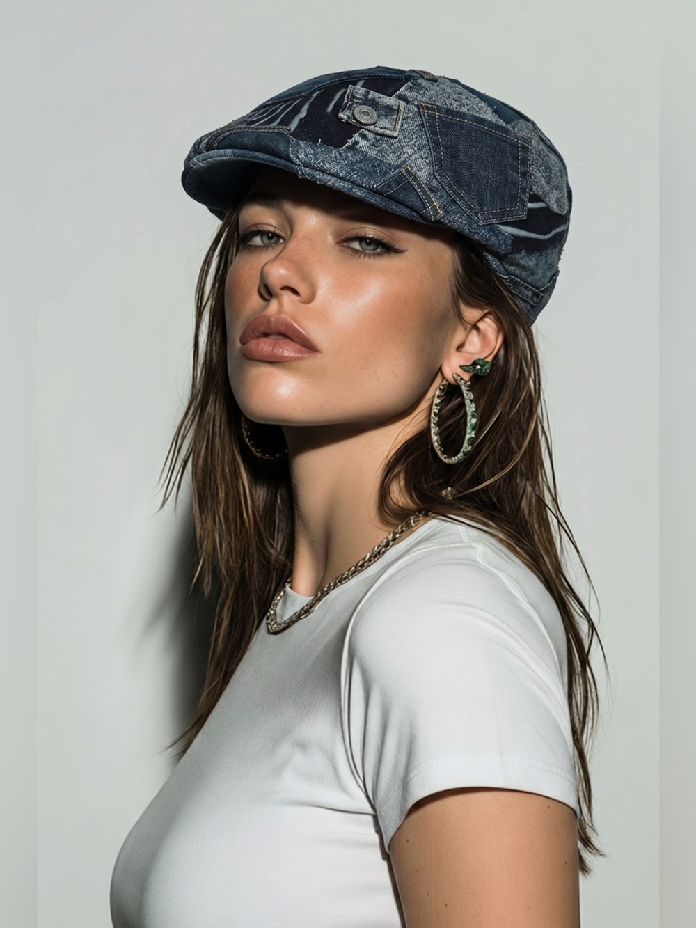 Upcycled Denim Patchwork Newsboy Cap - Blue size L/XL